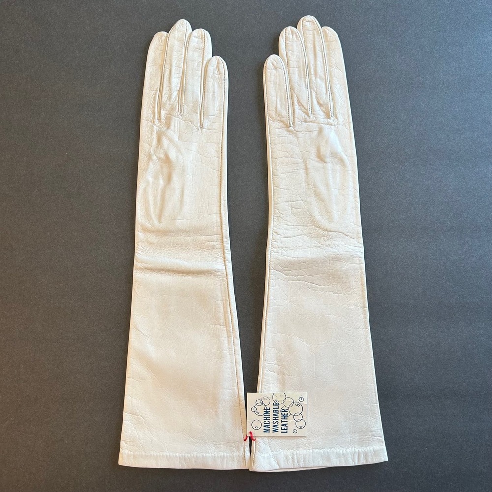 Vintage‎ White French Kid Skin Leather Gloves  Washable NOS